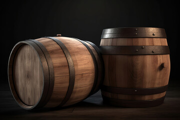 Two wooden barrels in wine cellar, Generative AI