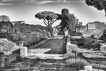 Ancient Rome urban street view at archaeological roman ruins of Ancient Ostia in Rome - Italy