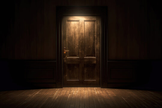 Dark room with wooden floor and door, Generative AI