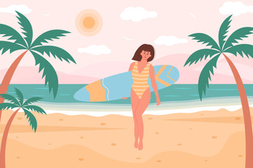 Obraz na płótnie Canvas Woman in swimsuit with surfboard on the beach. Tropical palms around. Summertime, seascape, active sport, surfing, vacation concept. Flat cartoon vector illustration.
