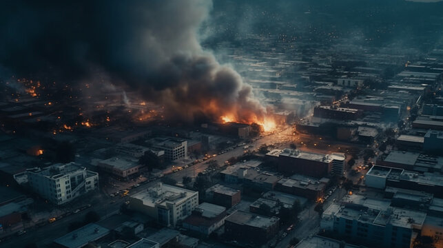  Aerial view. Ruined metropolis, City in fire and smoke. Generative Ai