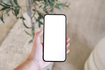 Women's hands holding cell telephone blank copy space screen. smartphone with blank white screen isolated. smart phone with technology concept.