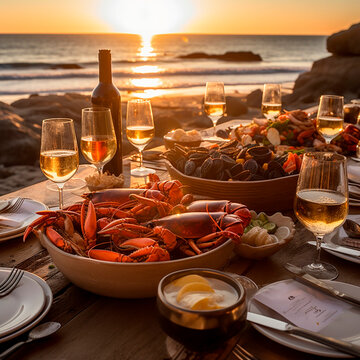 dinner on the beach or ocean at sunset seafood and alcohol created with Generative Ai technology