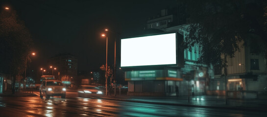 Empty advertising board in the night city. Generative Ai