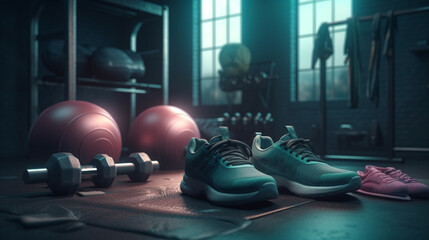 Fototapeta na wymiar Sporty shoes with a workout equipments. Generative Ai