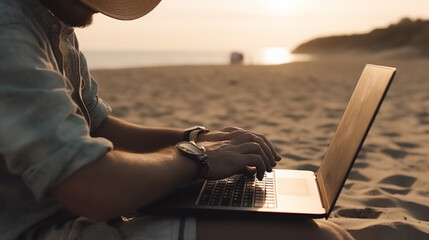 Human using laptop computer at the beach. Generative Ai