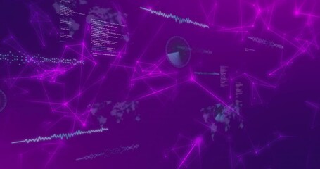Animation of round scanners, data processing and network of connections against purple background - Powered by Adobe