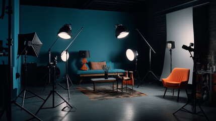 Interior of modern photo studio with professional equipment. Generative Ai