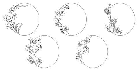 Natural flower wreath collection. Set of floral wreath for wedding, bridal, birthday and anniversary leaflet and templates. Vector illustration.