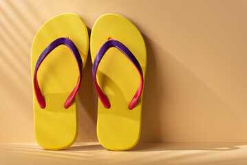 Yellow flip flops with a palm leaves shadow