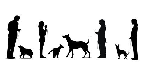 group of people walking with their dogs. Man and women standing with their dogs 