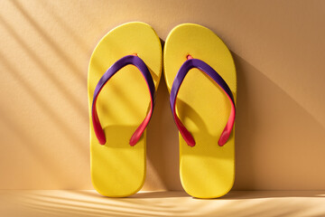 Yellow flip flops with a palm leaves shadow