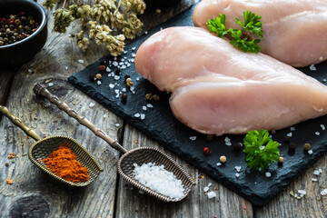 Fresh raw chicken breasts on cutting board with spices on wooden background

