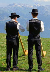 Nendaz, canton Valais, canton Wallis, Switzerland, Europe - Two men in white shirts, black vests,...