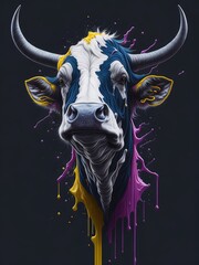 Illustration of a colourful cow head with vibrant paint splatters created with Generative AI...