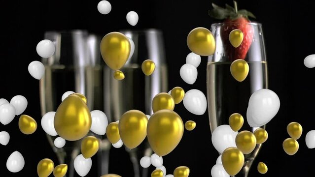 Animation golden and white balloons over strawberry falling in champagne filled flute glass