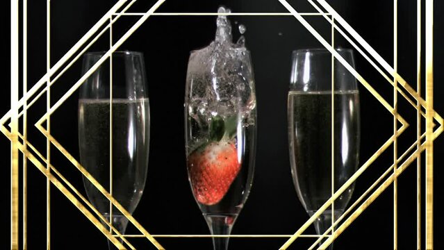 Animation of lines and rhombuses over strawberry falling in champagne filled flute glass