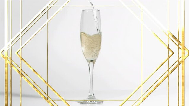 Animation of lines, rhombuses over champagne getting poured in flute glass against white background