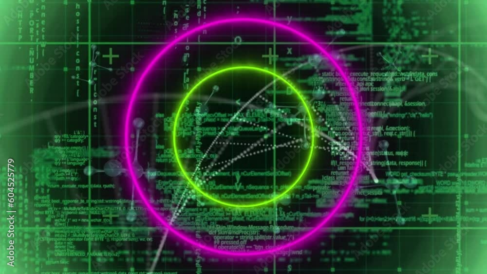 Aufkleber animation of neon circular shapes in seamless pattern over data processing and molecular structures