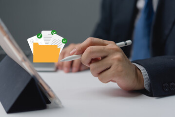 data subject rights management system. business man holding folder and document icon software....