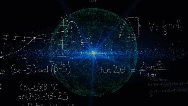 Animation of mathematical equations and data processing over globe