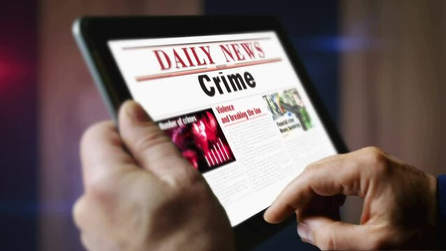 Crime investigation forensic and justice daily newspaper reading on mobile tablet computer screen. Man touch screen with headlines news abstract concept 3d.