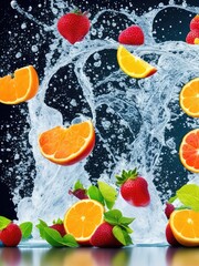 Illustration of fruit falling into a body of water, creating ripples and splashes created with Generative AI technology