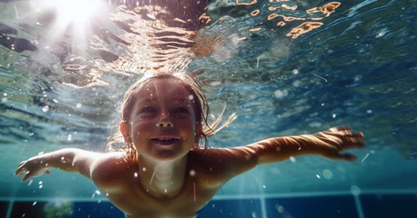 Fotobehang Happy kid have fun in swimming pool. swimming under water, Funny child swim, dive in pool jump deep down underwater from poolside. Healthy lifestyle, people water sport activity, swimming  © annebel146