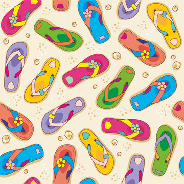 Seamless (repeatable) flip-flops and beach sand pattern or background, wallpaper.
