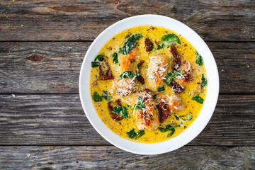 Creamy Tuscan chicken with parmesan, spinach and sun dried tomatoes.