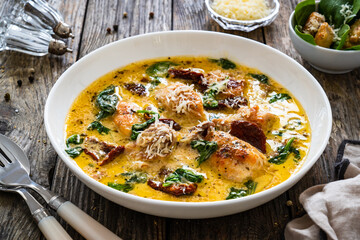 Creamy Tuscan chicken with parmesan, spinach and sun dried tomatoes.