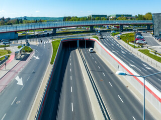 Multilevel city highway junction in Krakow, Poland. One highway on the top level, the second one in...