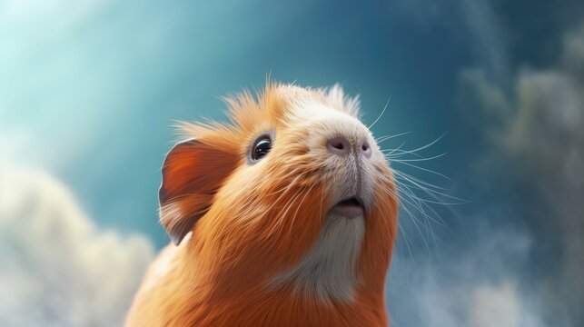 Head of furry Guinea Pig looking lateral with copy space for advertisement. space background for banner text. Generative AI