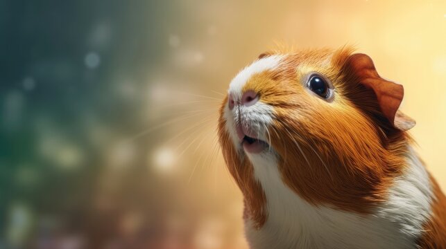 Head of furry Guinea Pig looking lateral with copy space for advertisement. space background for banner text. Generative AI
