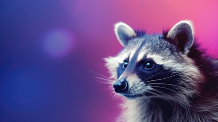 Obraz premium Head of furry Raccoon looking lateral with copy space for advertisement. space background for banner text. Generative AI