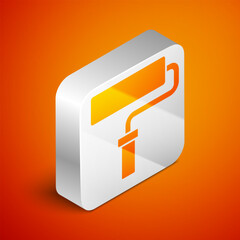 Isometric Paint roller brush icon isolated on orange background. Silver square button. Vector