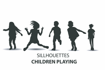 silhouettes of boys and girls playing, jumping and having fun