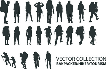 hiker, tourist, mountaineer, backpacker vector silhouettes collection on white background
