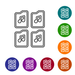 Black line Music file document icon isolated on white background. Waveform audio file format for digital audio riff files. Set icons in color circle buttons. Vector