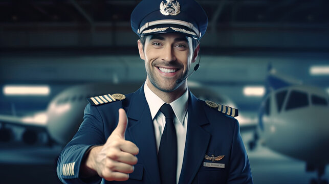 I love my job! Confident male pilot in uniform showing his thumb up and smiling while standing in front of airplane Generative AI