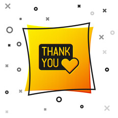 Black Thank you with heart icon isolated on white background. Handwritten lettering. Yellow square button. Vector