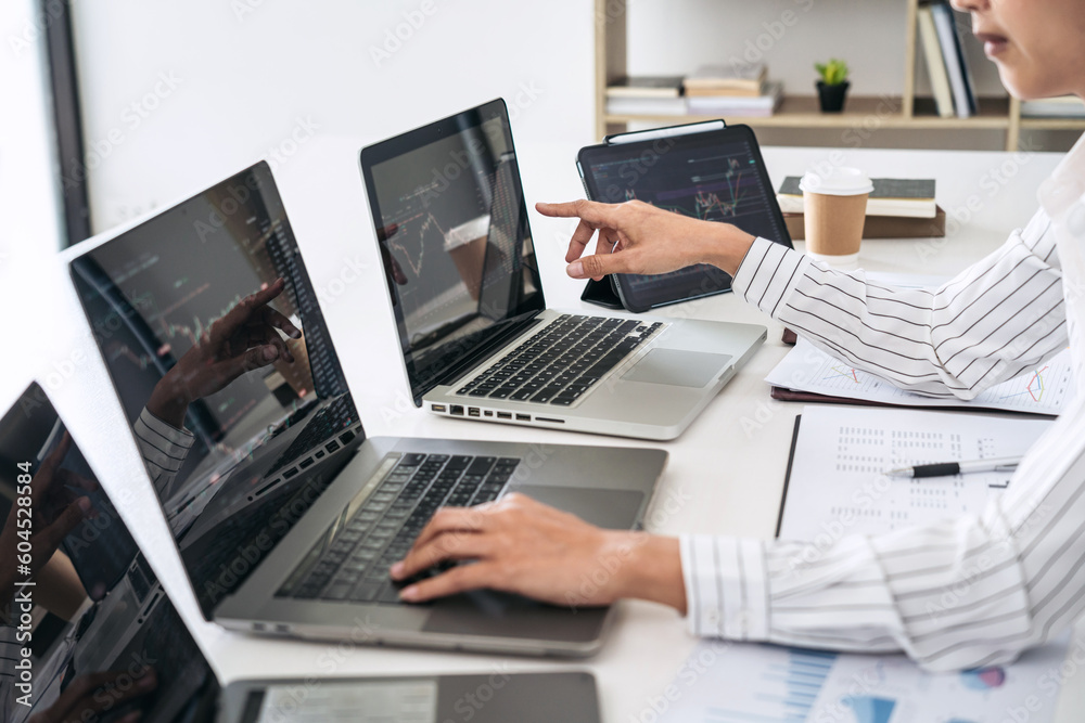 Poster Business woman trader is pointing statistics graph and checking