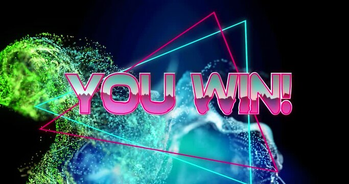 Animation of you win text banner over blue glowing digital wave against black background