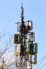 Telecommunication antennas and wireless communication antenna transmitter against the blue sky