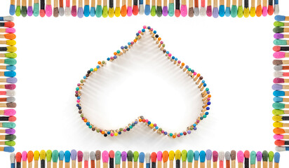 a heart shape made of multicolored matchsticks inside a frame made by matchsticks various colors on white background