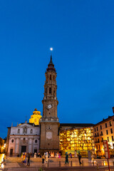 Fototapeta premium Zaragoza, Spain - May 01, 2023: details of the main tower of the Zaragoza cathedral called La Seo in Zaragoza, Spain