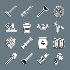 Set line Watering can, Garden fence, Gardening handmade scissor, rake for leaves, Bucket, Planting tree the ground, and Automatic irrigation sprinklers icon. Vector
