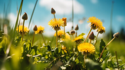Beautiful flowers of yellow dandelions in nature in warm summer or spring on meadow against blue sky, macro,Generative AI