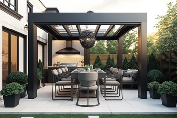Modern patio furniture include a pergola shade structure, an awning, a patio roof, a dining table, seats, and a metal grill. Generative Ai. - obrazy, fototapety, plakaty