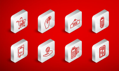 Set line Online shopping on phone, Hand holding coin money, Hanging sign with Open, POS terminal credit card, Shopping cart food, and Certificate template icon. Vector